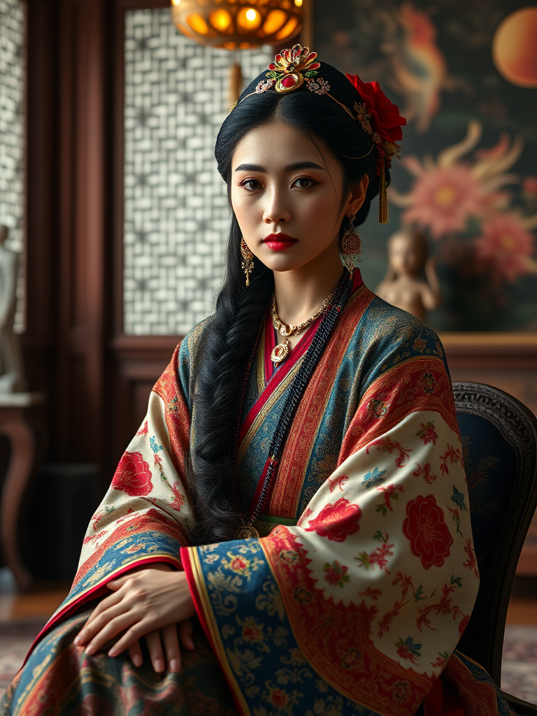 A beautiful Guarani woman in traditional East Asian attire, intricately detailed with embroidered patterns, sitting gracefully in a richly decorated room, soft ambient lighting, serene and elegant, ultra-realistic, 8K resolution