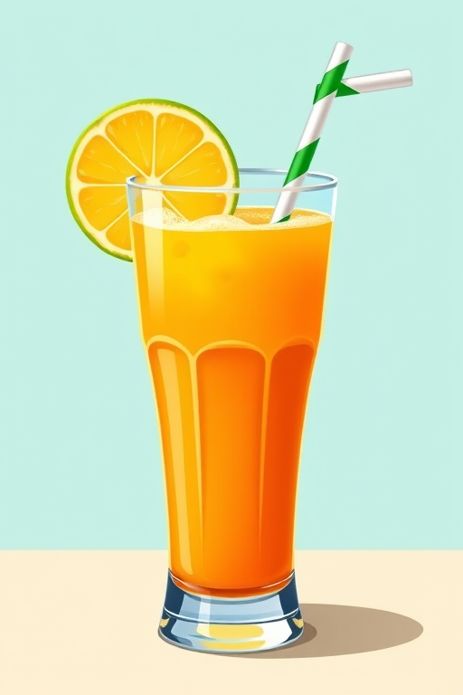 Create a vibrant illustration of a refreshing orange drink in a tall glass with a slice of lime on the rim and a striped straw, using a DSLR camera with a 50mm lens, f/4 aperture, ISO 100, and natural lighting for enhanced clarity and color accuracy.
