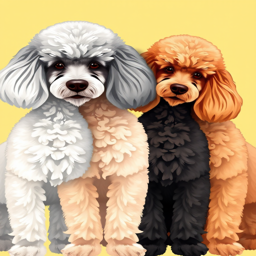 Create an illustration of poodles in different colors, showcasing a white, gray, apricot, brown, and black poodle side by side, with a bright, cheerful background, using a digital painting style; set the camera to macro lens, f-stop 2.8, 85mm focal length, and 300 DPI for high resolution.