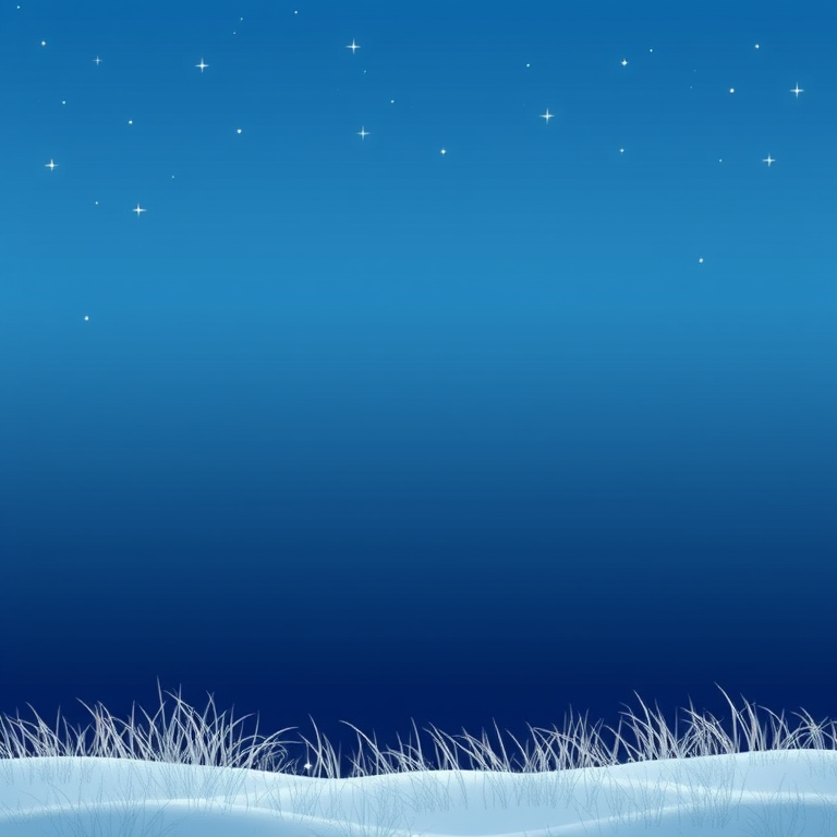 Create a serene winter scene with a gradient sky transitioning from deep blue at the top to a lighter blue near the horizon. Include soft, white grass-like textures at the bottom, with sparkling stars scattered throughout the sky. The overall mood should be calm and peaceful, evoking a sense of tranquility and winter beauty.
