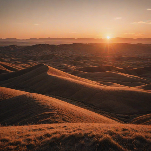 create a smooth gradient landscape at sunset with rounded hills and a large sun in warm earthy tones, shot with a Canon EOS R5 at f/8, 1/60s, ISO 200, wide-angle lens, top-down view, soft focus for a vintage aesthetic