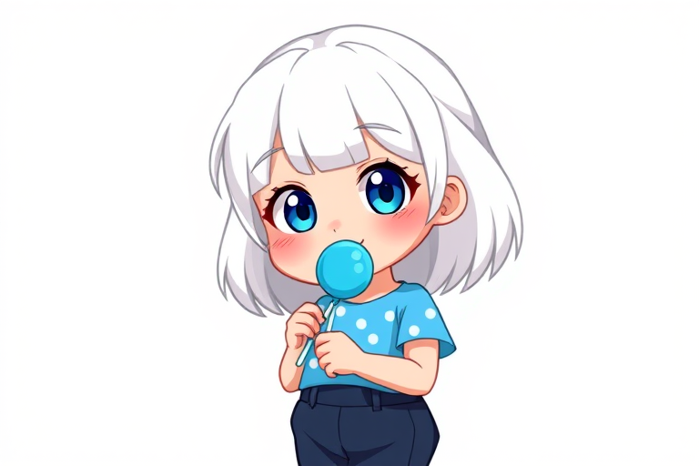 Create a digital illustration of a cute cartoon girl with white hair holding a blue lollipop, wearing a blue polka-dot shirt and dark pants, captured in high resolution with a 50mm lens at f/2.8, natural lighting, and vibrant colors.