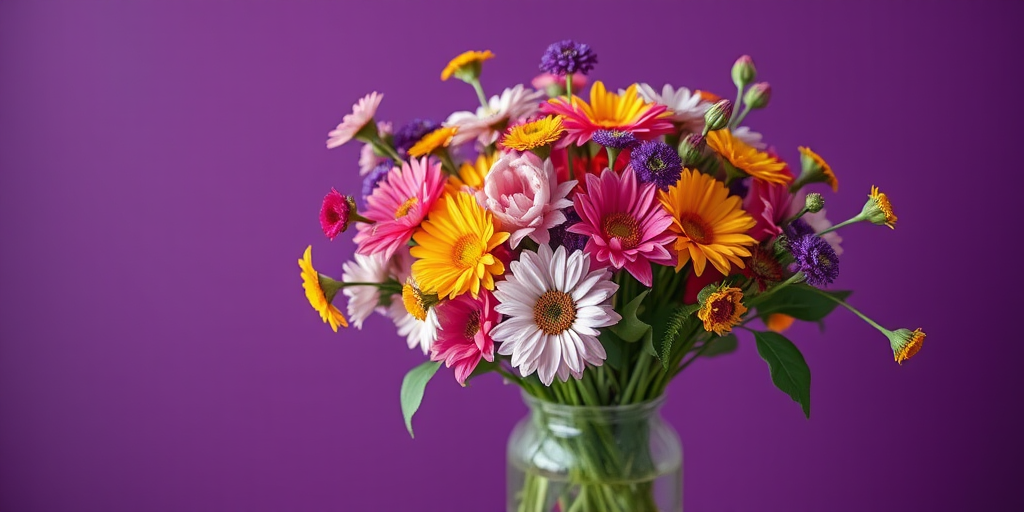 A vibrant bouquet of assorted flowers in a clear glass vase, set against a rich purple background, photographed with a DSLR camera at f/2.8, ISO 100, 50mm lens, natural lighting, and a shallow depth of field for a soft bokeh effect.