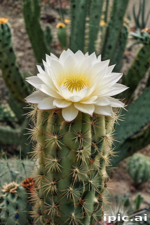 Beautiful White Flower Blooming on a Tall Cactus in Desert Landscape