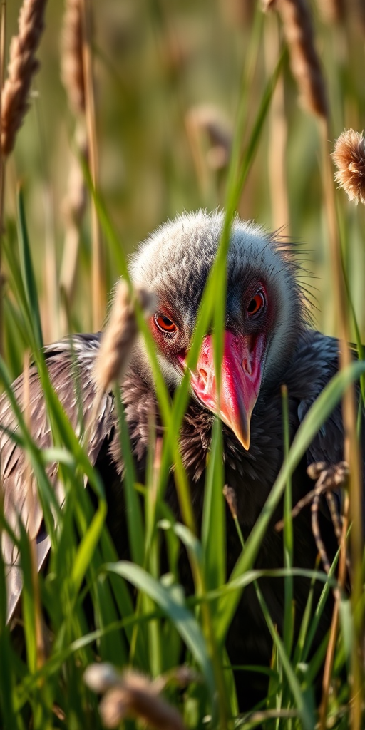 Capture a close-up of a vulture resting among tall grass, with a shallow depth of field, using a DSLR camera at f/2.8, 1/500s shutter speed, ISO 200, natural light, and a macro lens to enhance detail and texture.