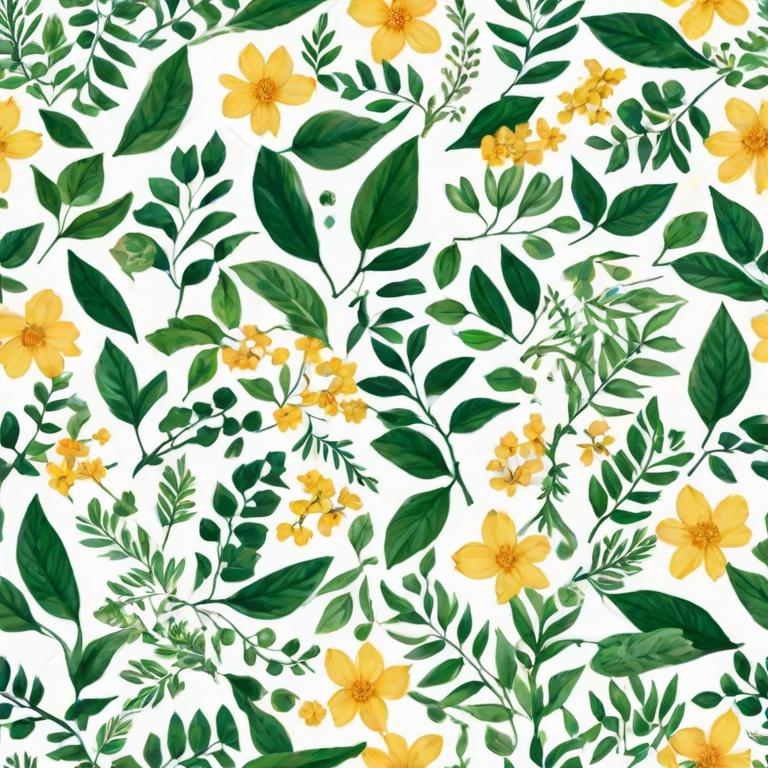 create a seamless pattern of various green leaves, yellow flowers, and delicate branches on a white background
