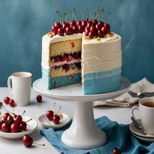 Create an image of a layered cake on a white pedestal. The cake should have three distinct layers, with a creamy white frosting on top. The top should be decorated with a mix of colorful cherries and nuts. Place a slice of the cake cut out, showing the layers inside. Include a cup of coffee in the background and a blue cloth underneath the cake stand.