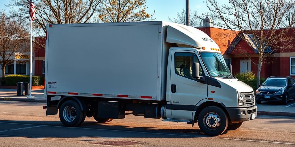 Create a high-resolution image of a delivery truck parked, captured with a DSLR camera at f/8 aperture, 1/250 sec shutter speed, with a 50mm lens, set in natural daylight from a side angle view.