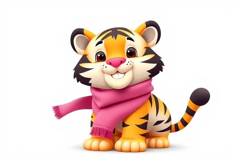 Create a cute cartoon tiger character wearing a pink scarf, full body view, bright and vibrant colors, white background, shot with a Canon EOS R5 at f/2.8, ISO 200, 50mm lens, soft focus style.
