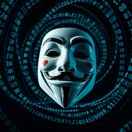 Create a high-resolution image of a Guy Fawkes mask surrounded by swirling digital binary code in a dark background, shot with a Canon EOS R5 at 50mm f/1.8, ISO 100, 1/100s, using a low-angle view and a sharp focus style to enhance details.