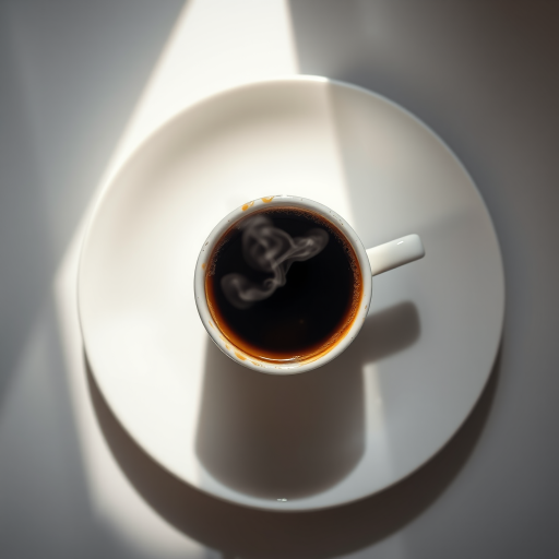 Generate a high-resolution image of a steaming cup of coffee on a plate, using a 50mm lens, f/1.8 aperture, ISO 100, natural lighting, top-down view, minimalist style, DSLR camera.