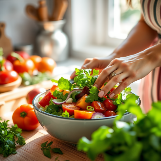 Close-up of a woman’s hands preparing a fresh salad, surrounded by colorful vegetables and herbs, with sunlight streaming through the kitchen window, creating a healthy and inviting culinary scene.