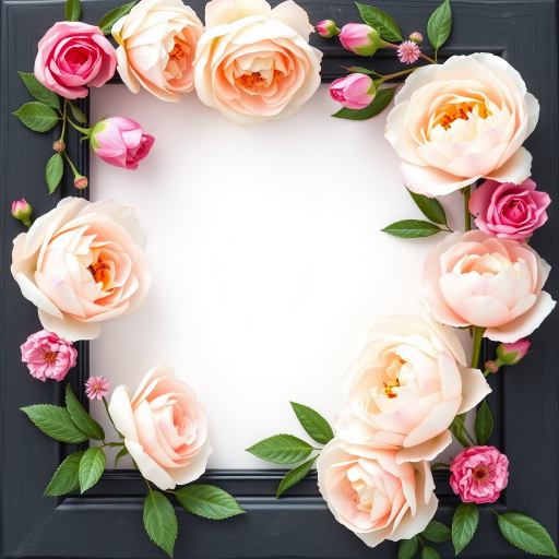 Create a vibrant floral border with watercolor roses and peonies in soft pastel colors, set against a black wooden frame, captured in high resolution with a Canon EOS 5D Mark IV, 50mm lens, f/1.8 aperture, and natural lighting for enhanced depth and contrast.