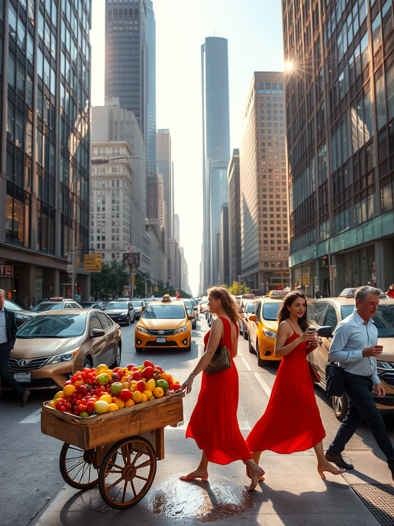Sharp photo of a bustling city street at noon, a street vendor pushing a cart full of colorful fruits, a woman in a bright red dress walking past, skyscrapers towering above, taxis zooming by, reflections in the glass windows of nearby buildings, pedestrians rushing by with coffee cups in hand, sunlight glinting off a puddle on the sidewalk.