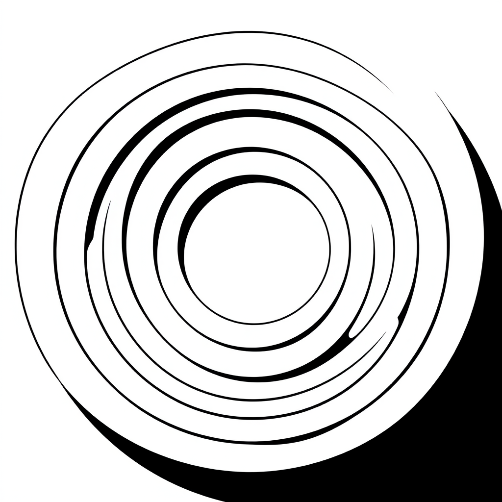 Create a black and white illustration of concentric circles with varying sizes, using a minimalist design approach; camera settings: f/5.6, ISO 100, shutter speed 1/100; camera view: top-down; camera style: digital art; camera type: mirrorless camera.