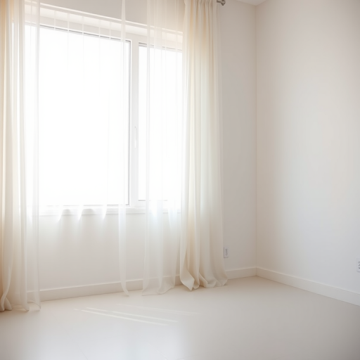 Create a bright, minimalist interior scene with a large window letting in soft, diffused light, white curtains gently billowing, and a smooth, light-colored floor, captured with a Canon EOS 5D Mark IV, aperture f/8, shutter speed 1/125s, ISO 400, 24mm wide-angle lens, in natural light to enhance image quality.