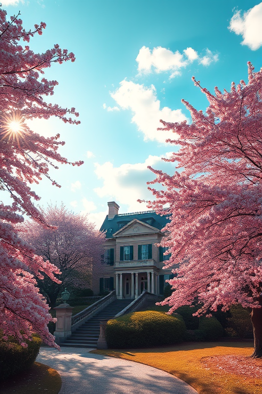 Regenerate a vibrant, detailed artistic rendering of a mansion surrounded by cherry blossom trees, capturing soft sunlight filtering through the clouds, using a Canon EOS R5, 35mm lens, aperture f/8, ISO 100, and a wide-angle perspective to enhance depth and clarity.