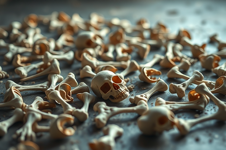 A realistic rendering of a scattered collection of bones and skeletons on a surface, soft natural lighting, shallow depth of field, macro lens, DSLR camera, aperture f/2.8, ISO 100, 50mm lens.