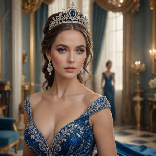 A gorgeous woman in a luxurious blue gown, accessorized with a dazzling tiara and statement earrings, her deep blue eyes highlighted by impeccable makeup, poised in a royal setting, photorealistic, 8K quality