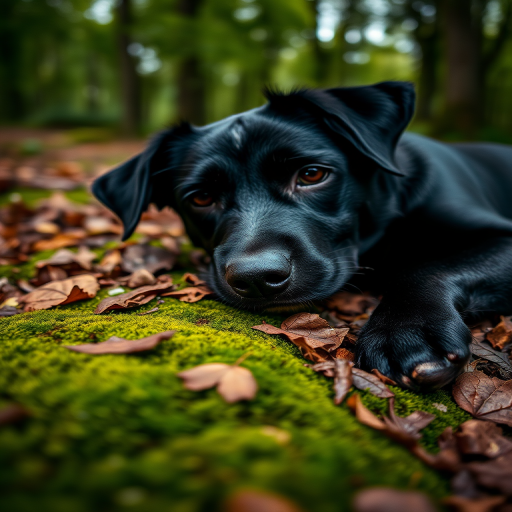 A close-up shot of a black dog lying on a forest floor covered in leaves and moss, soft bokeh background, using a DSLR camera with a 50mm lens, aperture f/1.8, ISO 200, shutter speed 1/250s, natural light to enhance image quality.