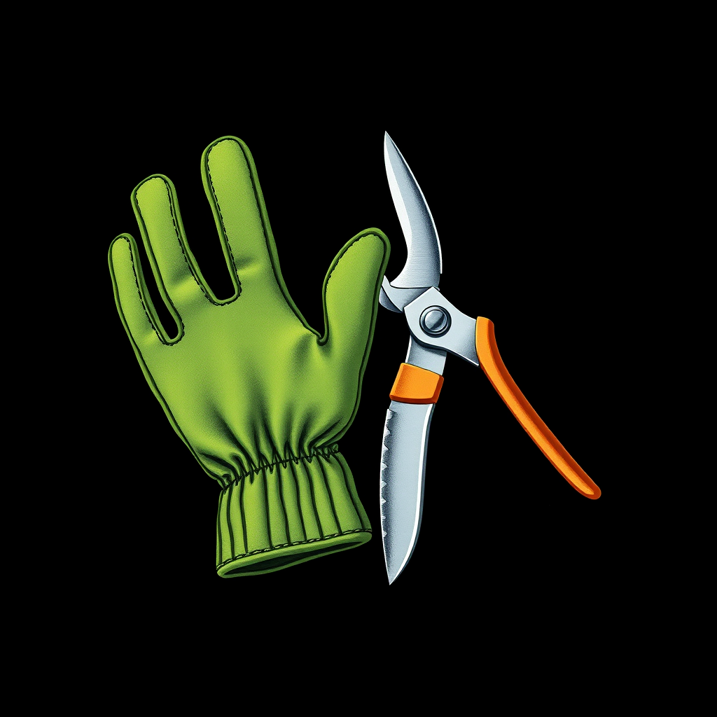 Create an illustration of gardening gloves and pruning shears on a black background, with a focus on detail and texture, using a Canon EOS R5 camera, 50mm lens, aperture f/1.8, ISO 100, natural lighting, vibrant colors, and high-resolution quality.