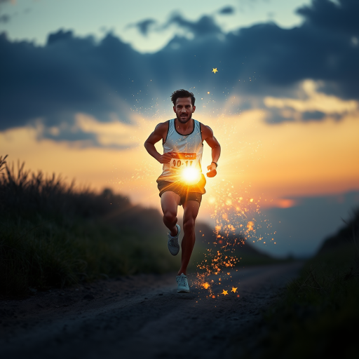 A dynamic shot of a male athlete running on a dirt path with an ethereal light emanating from his body, golden rays and sparkles radiating around him, captured using a Canon EOS R5 with a 24-70mm f/2.8 lens, aperture set to f/4, ISO 200, shutter speed 1/500 sec, in a dramatic twilight setting for enhanced contrast and vivid colors.