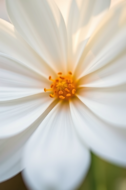 high-resolution close-up of a white flower with an orange center, soft focus background, macro lens, aperture f/2.8, 50mm prime lens, natural lighting, DSLR camera