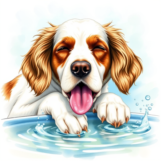 Watercolor ink illustration, A digitally created artwork of a Cocker Spaniel dog leaning on a water fountain, eyes closed, tongue out as if lapping water. The white dog has brown and cream patches, especially on its ears and face. Water splashes around it with detailed droplets. The background features a soft blue-green gradient, suggesting a sunny day. The style is realistic, focusing on the texture of fur and water for a lifelike, vibrant feel.