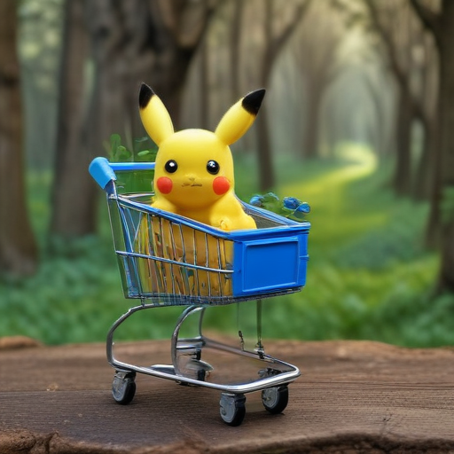 anime pikachu with a shopping cart green forest background with blueberry