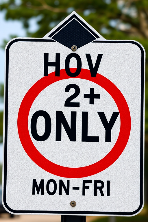 Create a high-resolution image of a traffic sign that reads "HOV 2+ ONLY 6AM-9AM MON-FRI" with a diamond shape at the top, captured with a DSLR camera at f/8, ISO 100, 1/200 sec shutter speed, from a straight-on view in natural lighting for clarity and detail.
