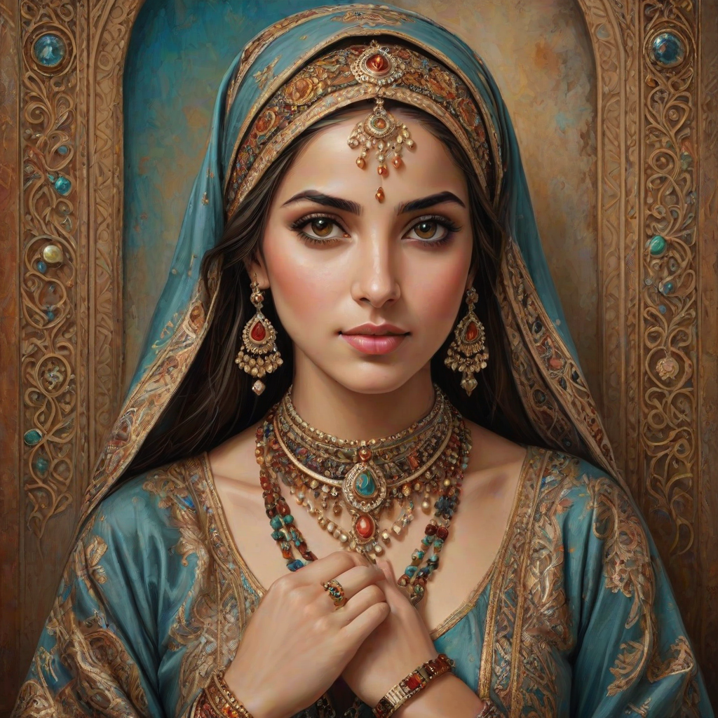 Create a portrait of a beautiful Middle Eastern woman with striking brown eyes and a gentle expression. She is adorned in traditional attire with intricate patterns, including a richly embroidered headscarf and matching garments. Her jewelry includes a delicate headpiece, dangling earrings, and ornate bracelets, all featuring vibrant gemstones and detailed metalwork. The background is soft and warm, enhancing the rich colors of her outfit and jewelry.