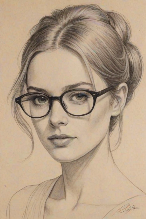 Comely Sophie Wylie, pencil sketch, portrait of Graceful woman 1974s in glasses, hair style beatnik, outline, clear lines, fine lines, 8k