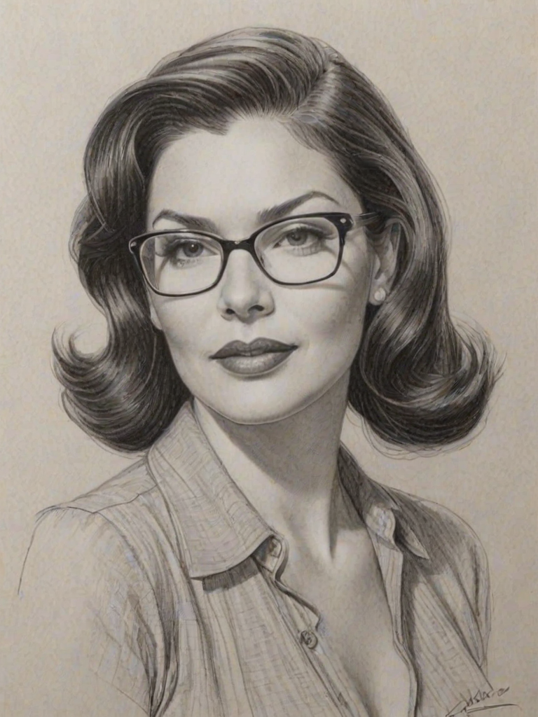 Pleasing Laura Harring, pencil sketch, portrait of Ravishing woman 1938s in glasses, hair style beatnik, outline, clear lines, fine lines, 8k
