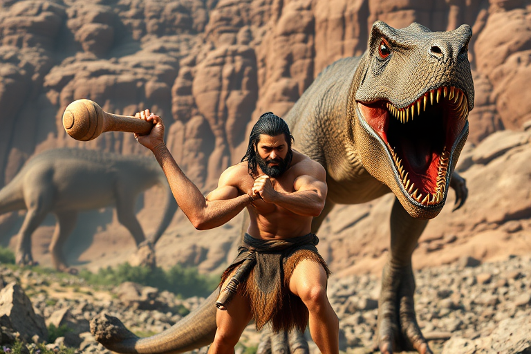 Create a high-resolution digital artwork of a muscular caveman holding a large club, facing a roaring dinosaur in a rocky landscape, using a DSLR camera set to ISO 100, aperture f/8, shutter speed 1/250s, shot from a low angle to emphasize scale, with natural lighting to enhance textures and details.