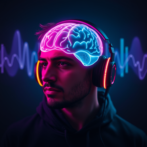 Create a digital art image of a person wearing headphones, with a glowing brain and soundwave visualization in the background, using a Canon EOS R5 with an 85mm f/1.2 lens, at ISO 100, f/1.2, and shutter speed 1/200s, in a high-resolution, cinematic style with vibrant colors and sharp details.