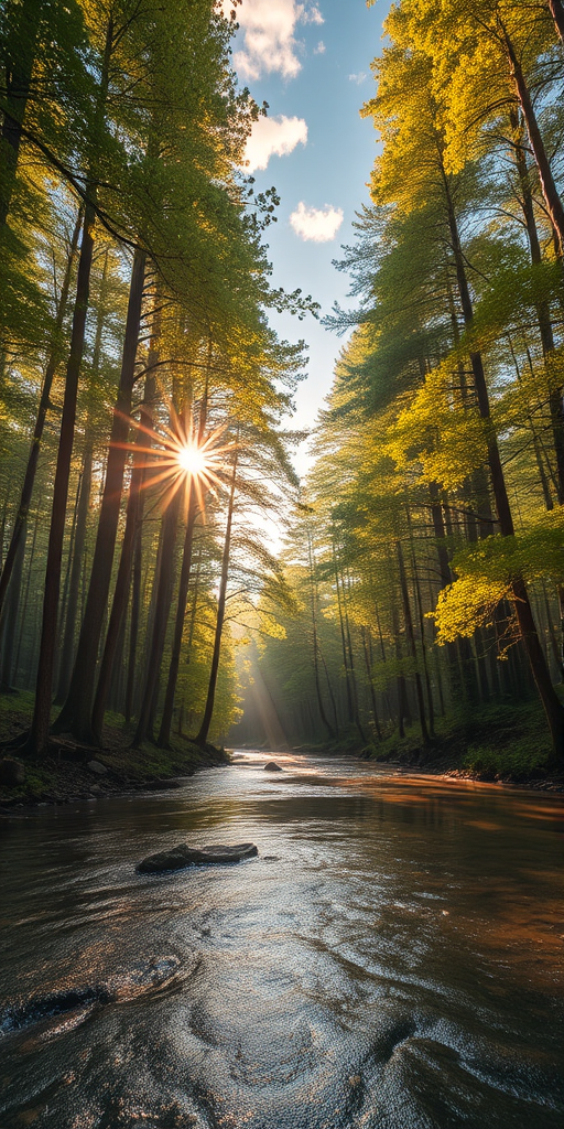 Create an image of a serene, sunlit forest scene with a clear, gently flowing river. Tall trees with lush green foliage line both sides of the river, their leaves bathed in the warm golden light of the setting or rising sun. The sunlight filters through the trees, casting soft, dappled light on the river, which flows over smooth rocks and pebbles, creating a peaceful, natural atmosphere. The sky is bright with a few scattered clouds, and the overall mood is tranquil, evoking a deep sense of connection with nature. The image captures the beauty of a calm, pristine forest landscape at either dawn or dusk.