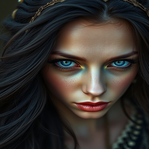 Create a high-resolution portrait of a mystical woman with striking blue eyes and dark, flowing hair adorned with intricate details, captured with a 50mm lens at f/1.8, using a low-angle view, in soft diffused lighting, with a DSLR camera to enhance color vibrancy and depth.