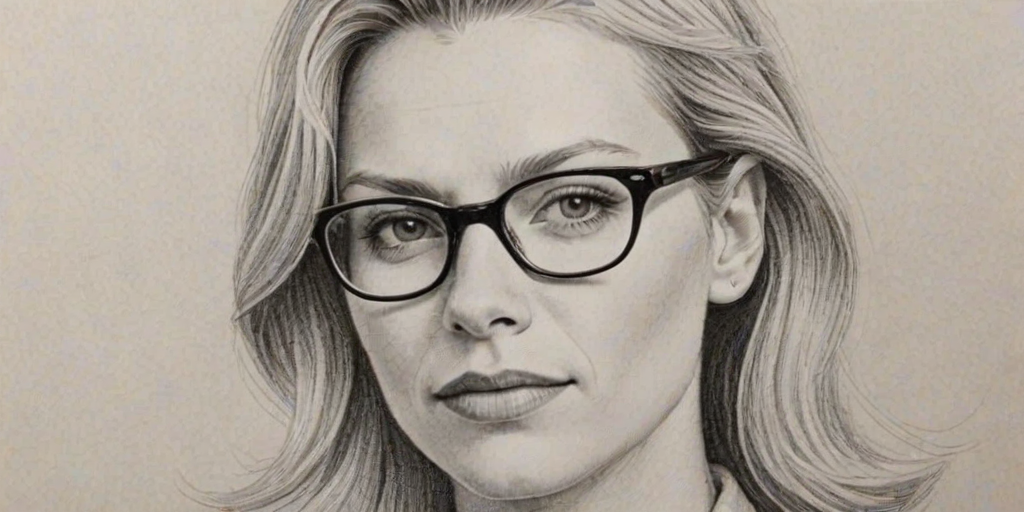 Magnificent Claire Danes, pencil sketch, portrait of Elegant woman 1948s in glasses, hair style beatnik, outline, clear lines, fine lines, 8k