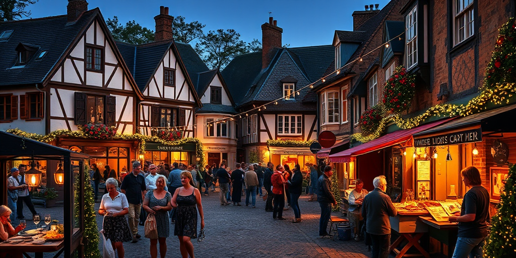 Picturesque village square adorned with fairy lights, people enjoying a community event, musicians playing live, and the smell of delicious food wafting through the air, creating a festive atmosphere.