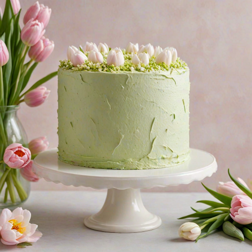 Create an image of a round cake with a light green buttercream frosting decorated with white flowers and delicate stems. The cake is displayed on a simple white pedestal. In the background, include soft pink tulips and a subtle, blurred floral arrangement to enhance the springtime feel.