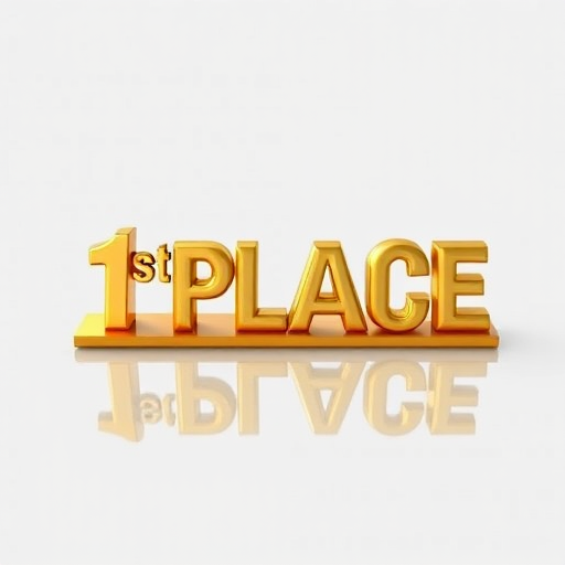 Create an image of a three-dimensional gold "1st PLACE" trophy text with a glossy finish, set against a transparent background, taken with a DSLR camera, 50mm lens, f/2.8 aperture, 1/200 sec shutter speed, and natural lighting for optimal clarity and reflections.