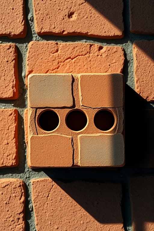Regenerate a realistic 3D rendering of a single brick with three holes, showing detailed texture and shadows, shot with a DSLR camera at ISO 100, aperture f/8, 50mm lens, natural light, top-down view, and with a focus on enhancing color saturation and contrast.