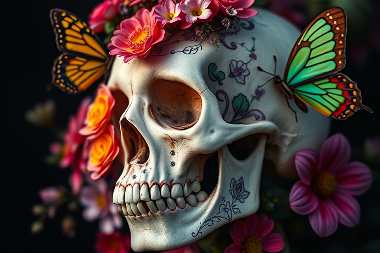 skull with flowers and butterflies, intricate detailing, dark background, vibrant colors, close-up view, shot with a Canon EOS R5, 50mm lens, f/1.8 aperture, ISO 100, natural light for enhanced depth and contrast