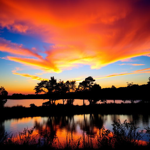 A vibrant sunset over a tranquil lake with silhouettes of trees in the foreground, captured with a DSLR camera, 50mm lens, f/1.8 aperture, ISO 100, and a low angle view to emphasize reflections on the water.