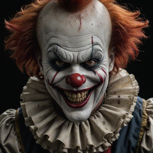 Create a hyper-realistic, dark, and eerie clown with a sinister smile, set against a black background. The clown should have exaggerated makeup with sharp, contrasting colors to enhance its menacing appearance. The overall atmosphere should be unsettling and intense, capturing a sense of horror and suspense