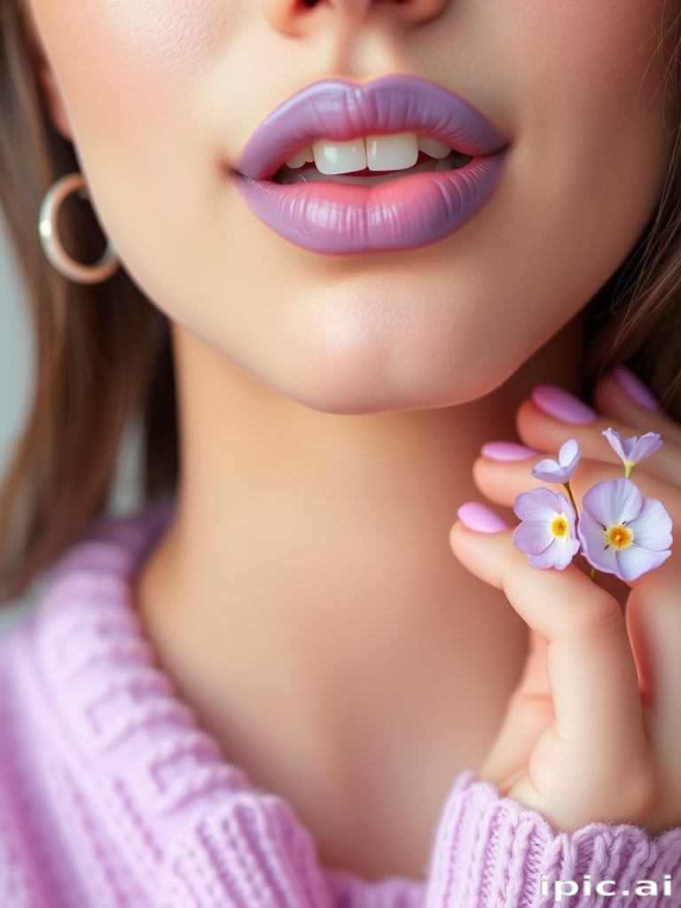 Playful pastel lavender lips exude whimsical charm, featuring a soft matte finish and delicate lilac hues that evoke springtime freshness
