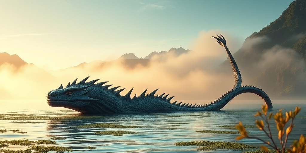 Create a hyper-realistic image of a sea monster emerging from a misty lake surrounded by mountains, capturing intricate details of its scaly texture and lush greenery, using a DSLR camera with a 50mm lens, aperture f/1.8, ISO 100, and a low-angle shot at golden hour for enhanced lighting and depth.