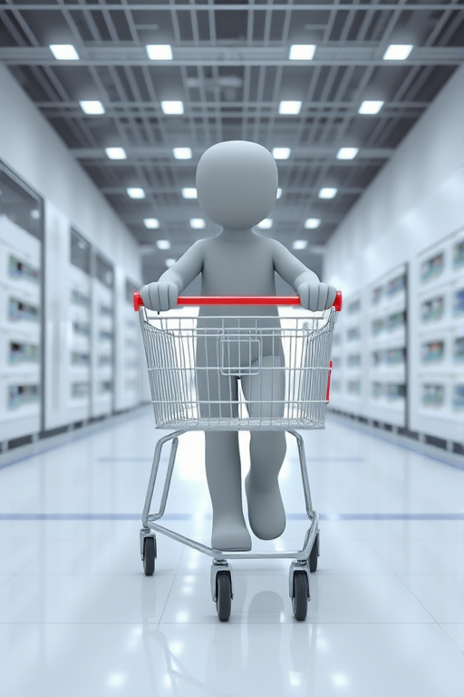 3D rendering of a grey humanoid figure pushing an empty shopping cart in a bright, minimalistic environment, camera type: DSLR, camera settings: f/2.8 aperture, ISO 100, 1/200s shutter speed, camera view: eye level, camera style: high-definition with soft lighting.