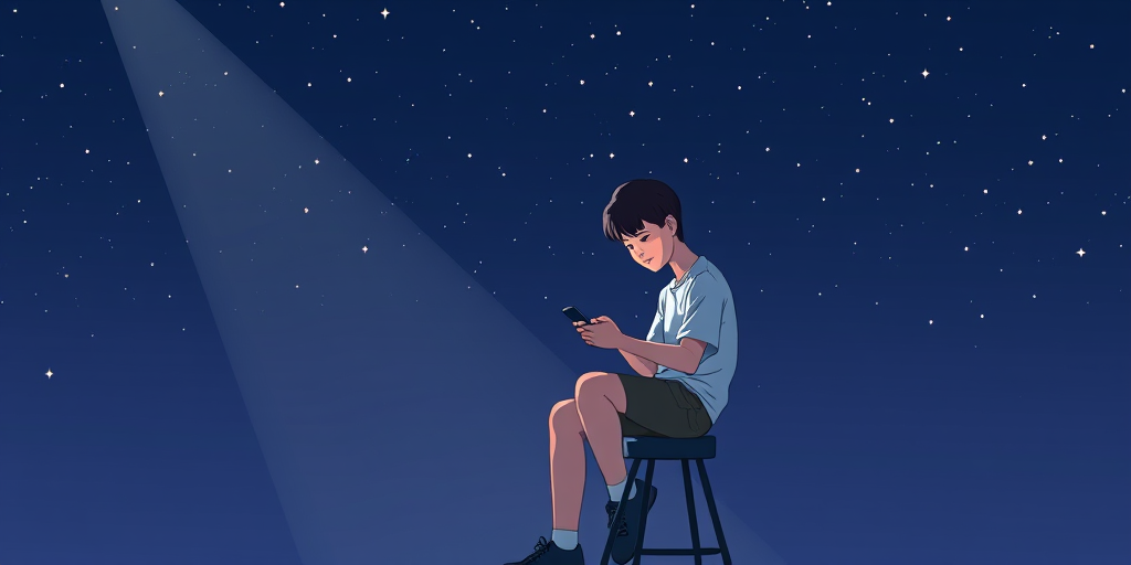 Generate an illustration of a person sitting on a stool under a spotlight in a starry night sky, with a focused expression while using a phone, captured with a Canon EOS R5, 35mm lens, aperture f/1.8, ISO 200, and a soft focus background.