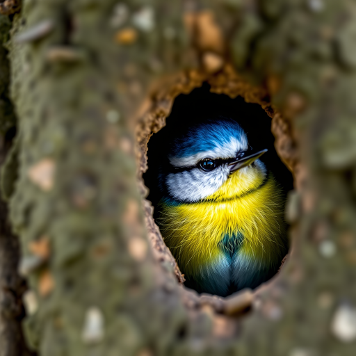 A vibrant blue tit peeking out from a tree hollow, captured with a DSLR camera at 200mm, ISO 400, aperture f/5.6, natural light, shallow depth of field, soft bokeh background.